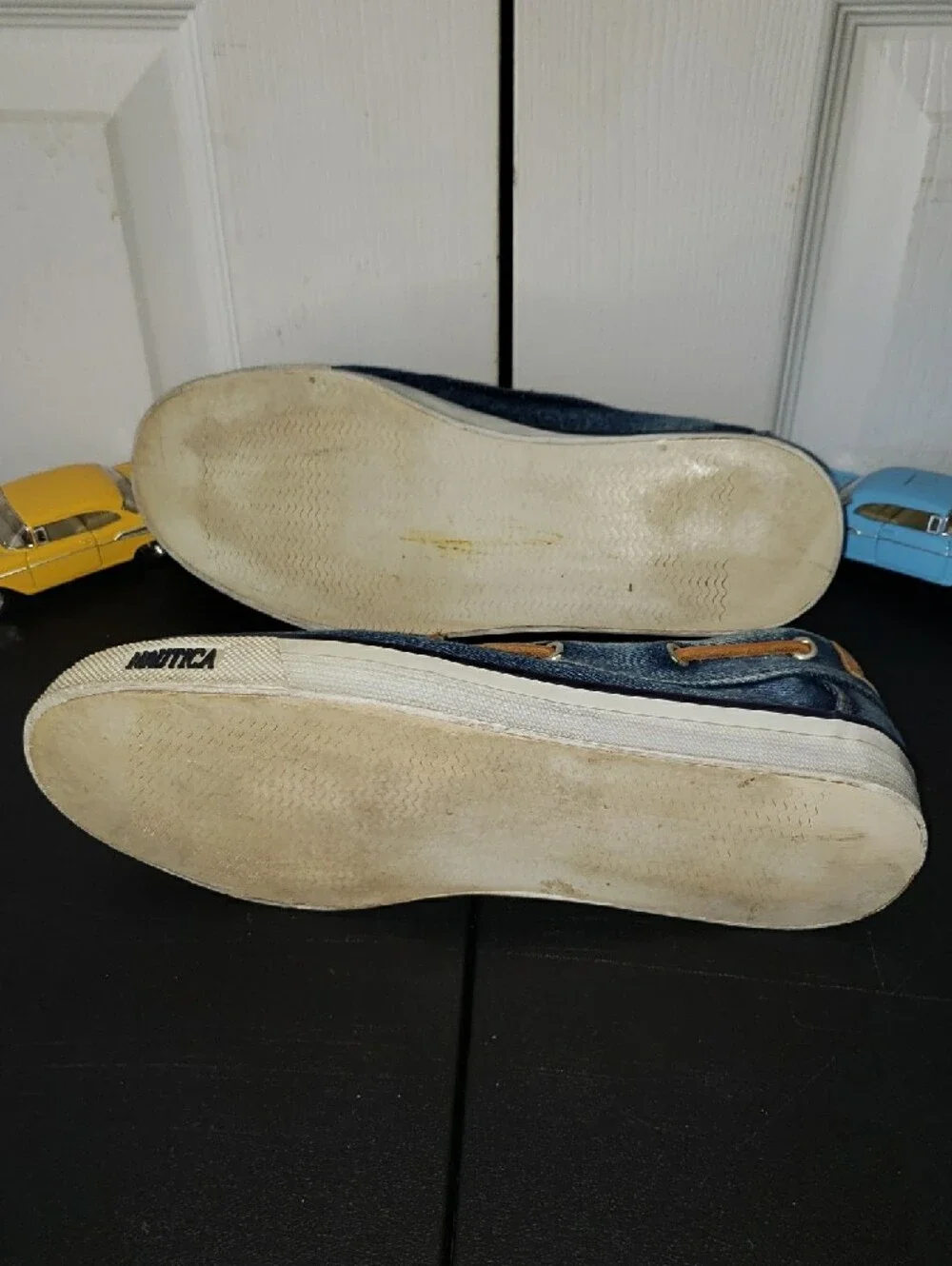 Nautica Men’s Denim-Style Boat Shoes in Blue with Tan Laces
